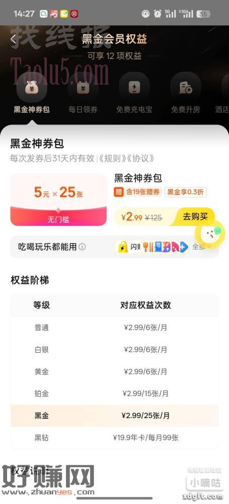 美团黑金等级可以2.99元买5元券25张，可以膨胀，可以外卖